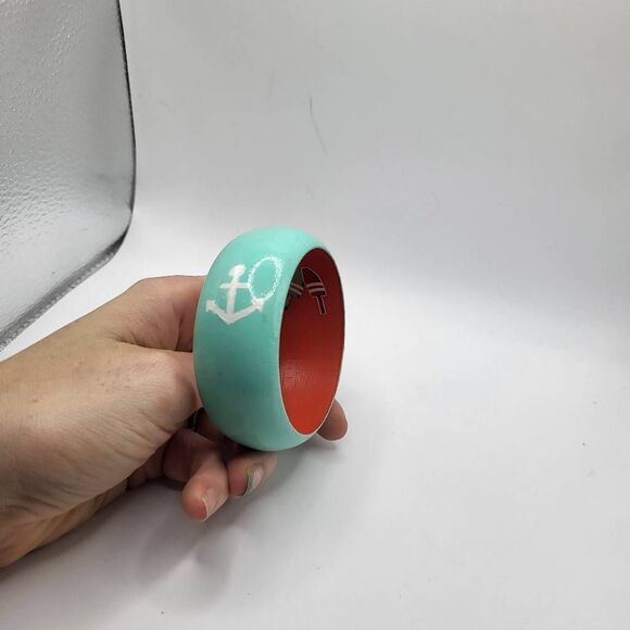 Sailor Style Teal and Red Bangle Bracelet with an Anchor - 1.25" wide - Picture 1 of 4